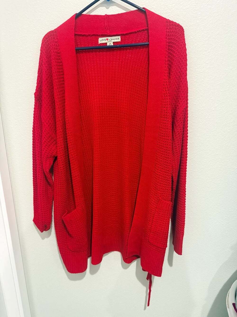 Love Change Italy Red Waffle Knit Open Front Cardigan with Pockets 2X